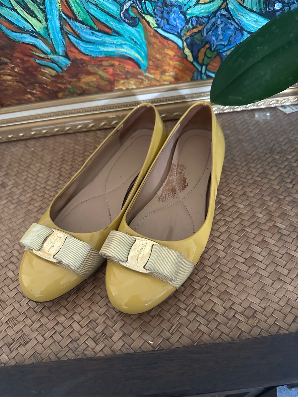 Ferragamo Yellow Patent Leather Bow Ballet Flats